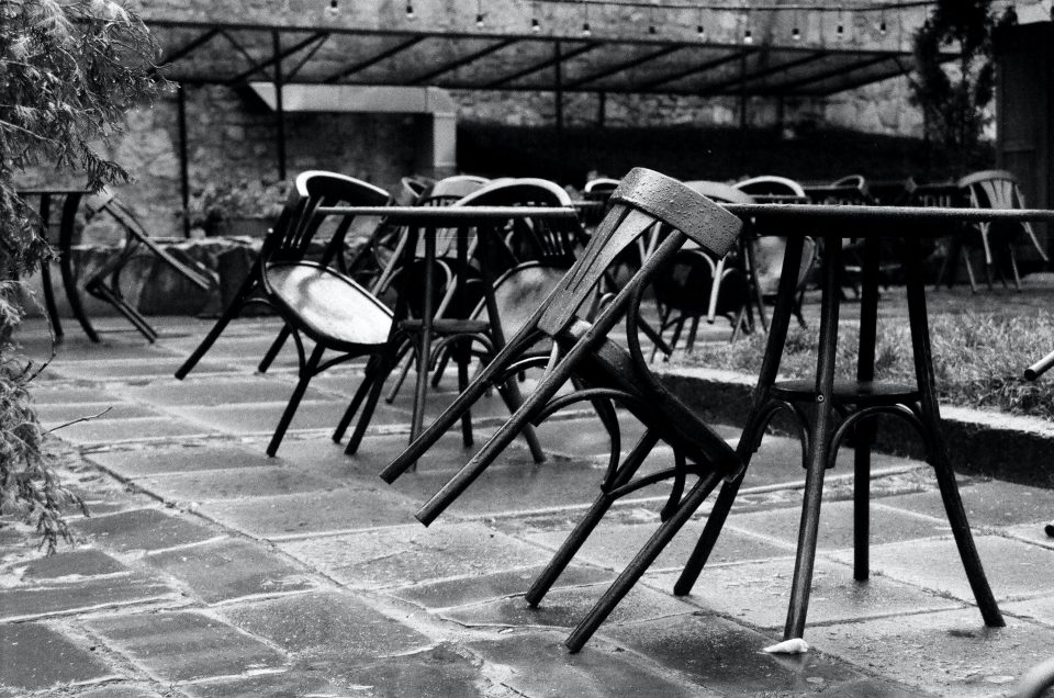 creepy chairs in an empty house yard