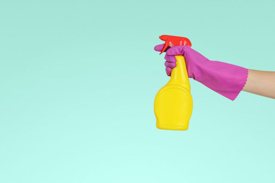 a person with latex gloves holding a cleaning bottle