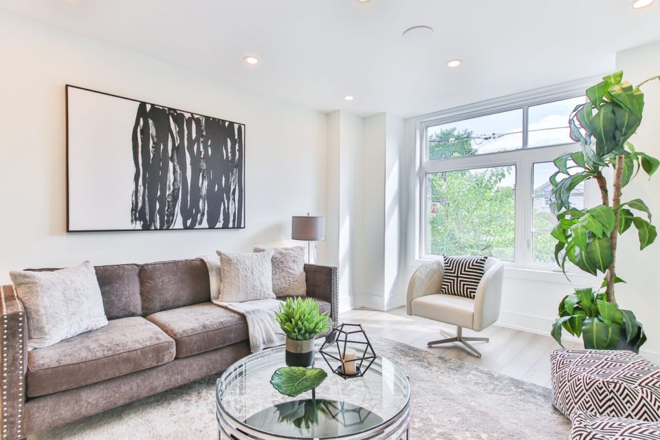 a decorated open concept living room