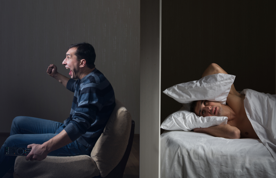 a split image with a loud person on the left side of a wall and a person trying to sleep on the right
