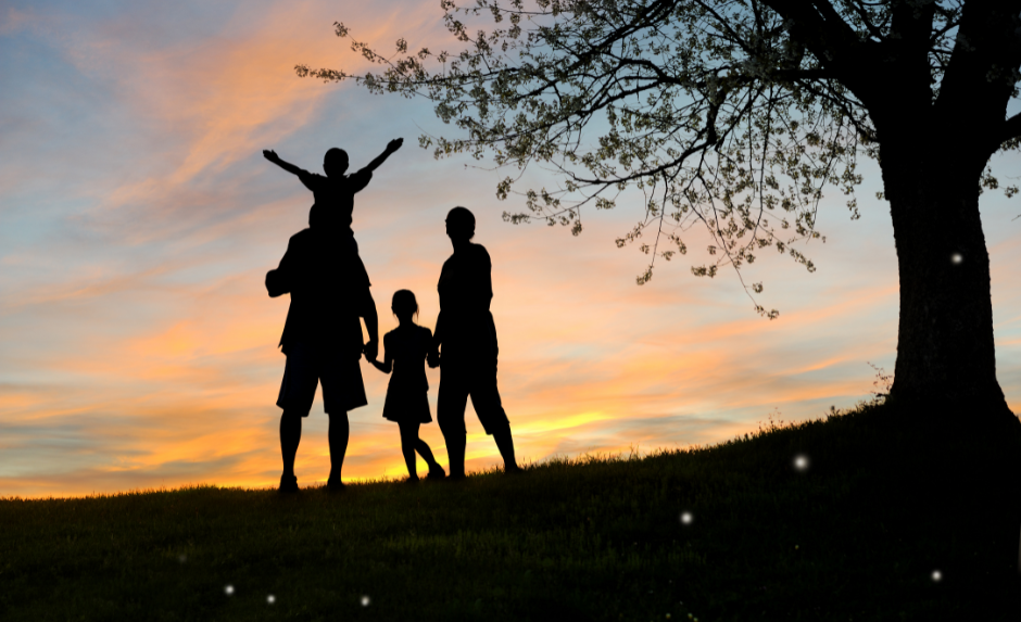 a family in front of the sunset in a backyard