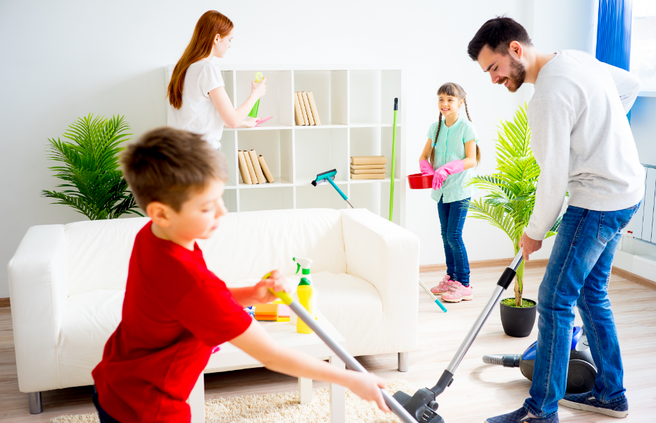 a family cleaning a property before selling