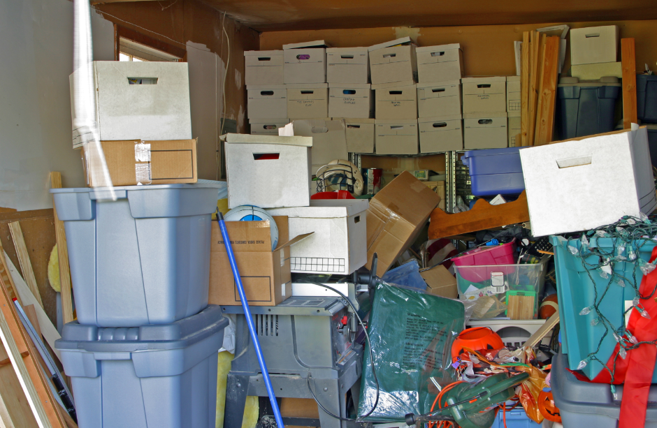 a cluttered garage in a house for sale