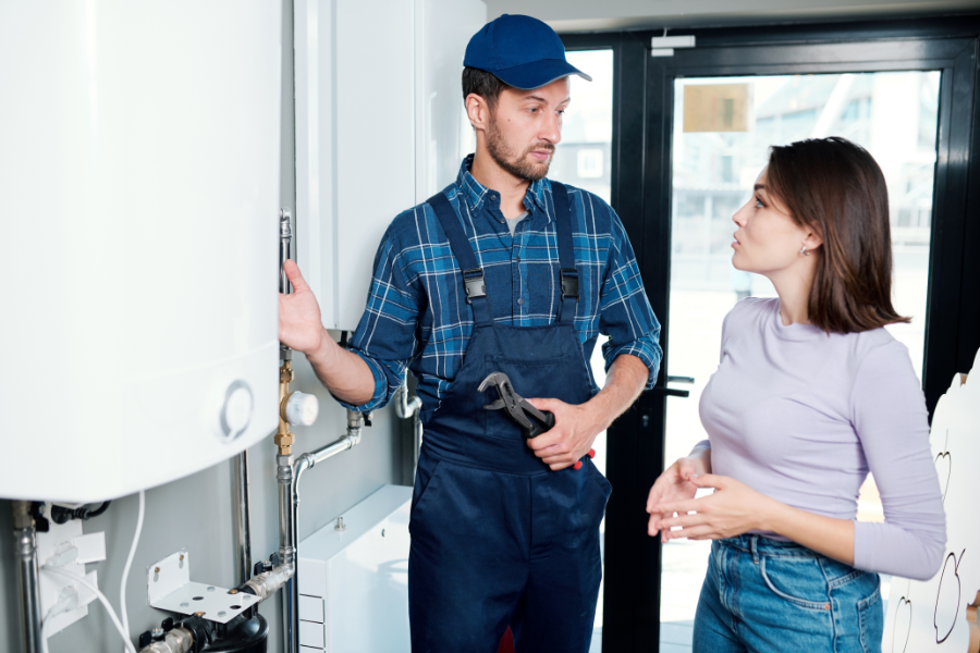 a male plumber inspecting a boiler in a kitchen and speaking to a woman tenant