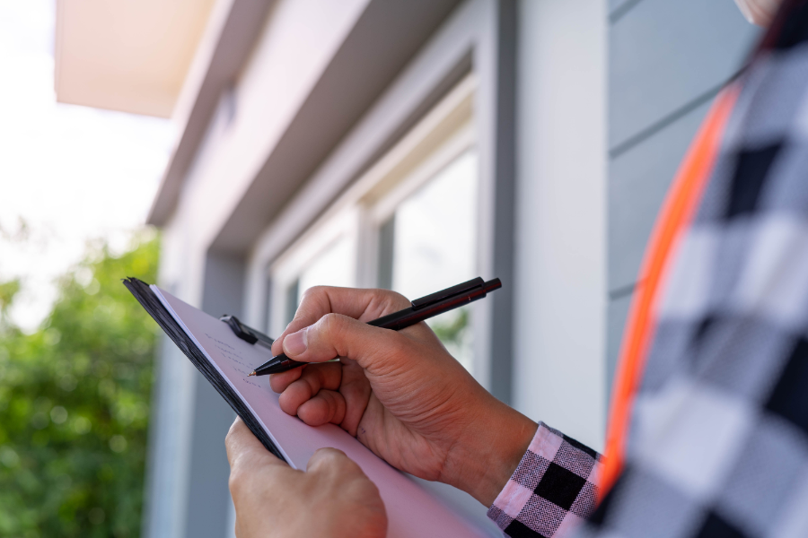 a person inspecting a property marking on a clipboard