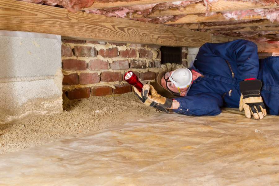 a man inspecting the underside of a crawlspace