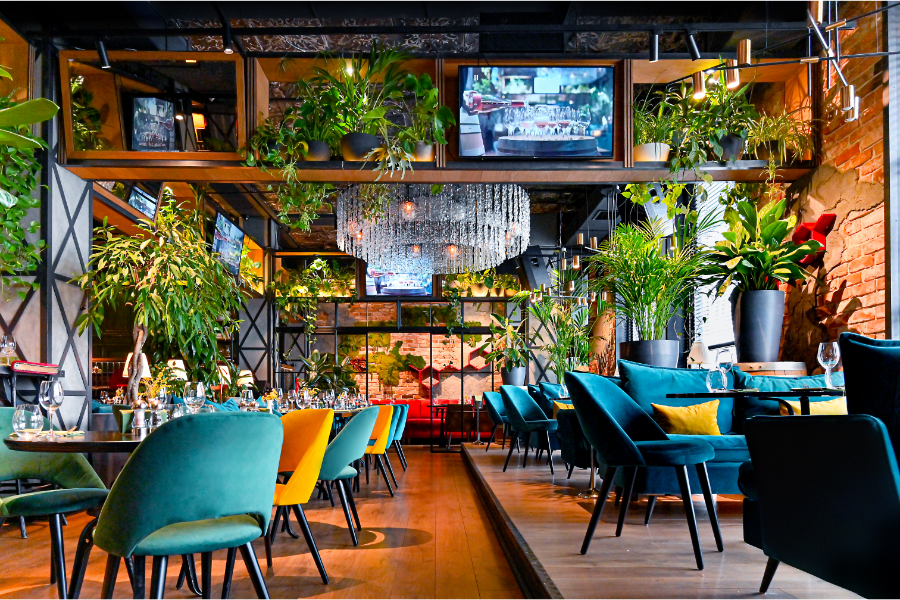 a colorful restaurant renovation design with plants