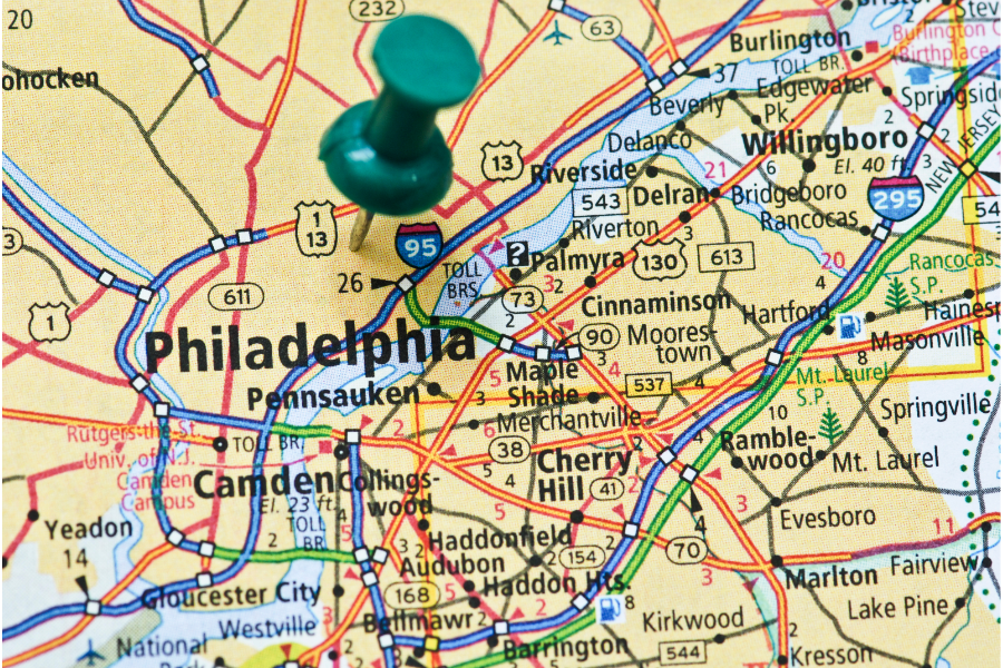 a map of philadelphia with a pin