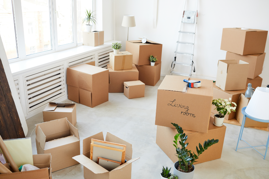 packed moving boxes labeled living room